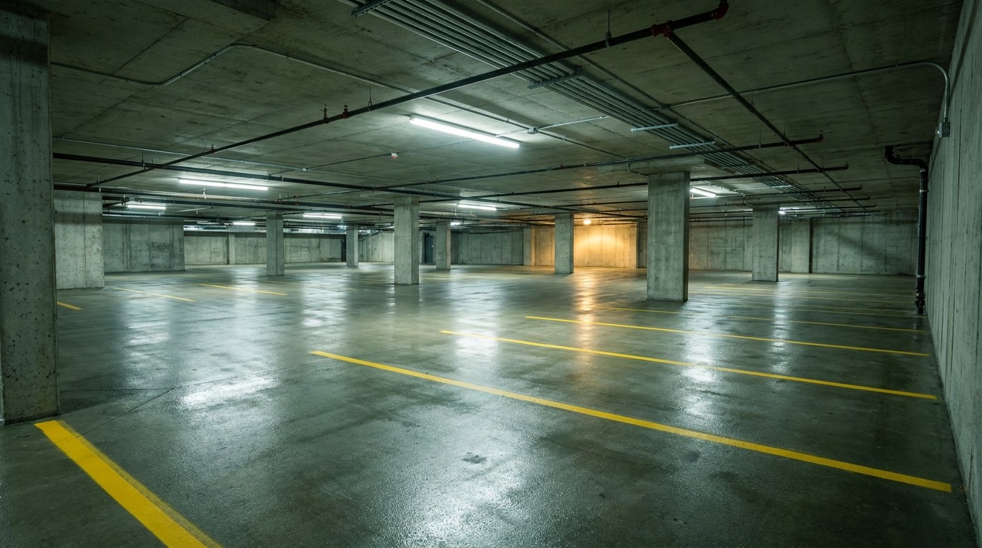 An empty underground parkade deck after cleaning, wet concrete reflecting the overhead lights, with fresh yellow stall lines.